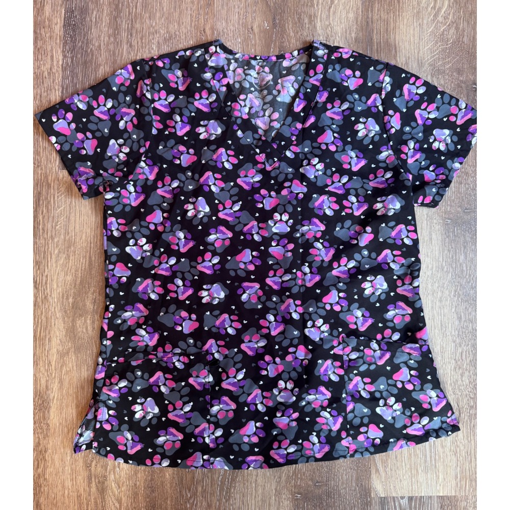 Divine Stretch by JDM Uniforms Purple Paw Print Scrub Top Womens Large V-Neck